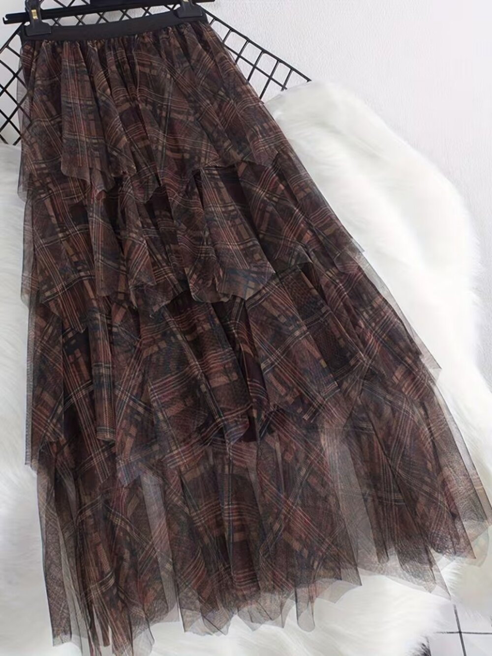 Coffee Mesh Frilly Plaid Pattern Grunge Skirt - Picture 2 of 5